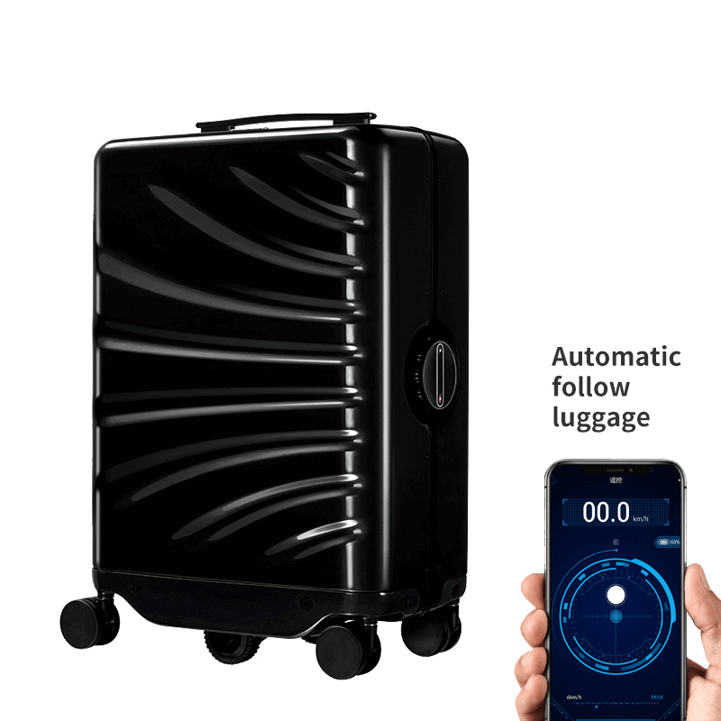 Futuristic grey smart luggage that automatically follows the user.
