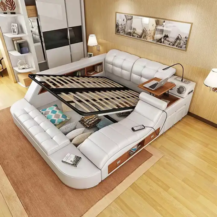 Luxurious modern leather smart bed with integrated technology for comfort.