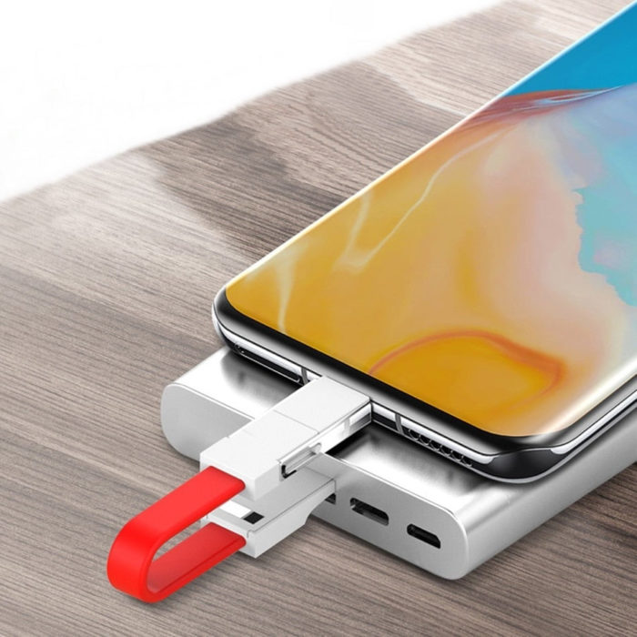 Compact 4-in-1 magnetic charging cable attached to a keychain, showing multiple connectors