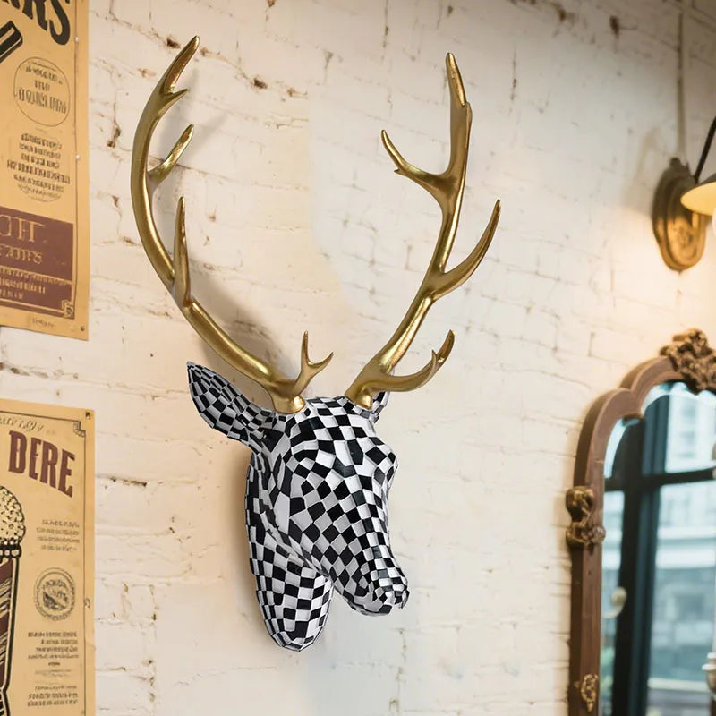 Close-up of the detailed checkered pattern on the deer head sculpture