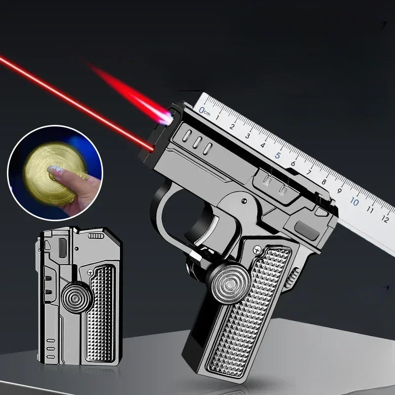 Close-up of the windproof flame and laser pointer on the gun lighter