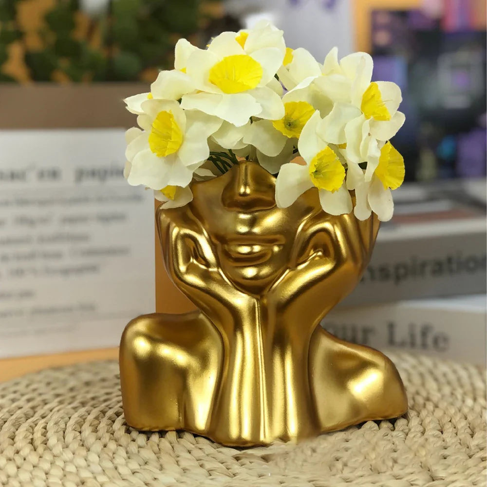 Cheerful Lucky Flower Pot Sculpture with flowers