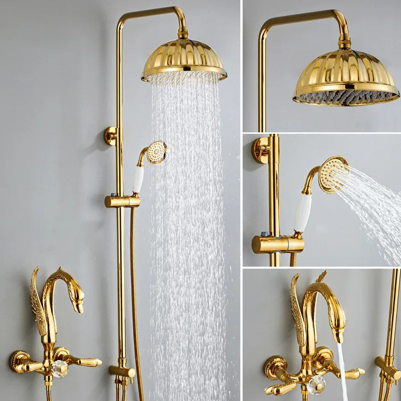 Close-up of the polished gold swan faucet