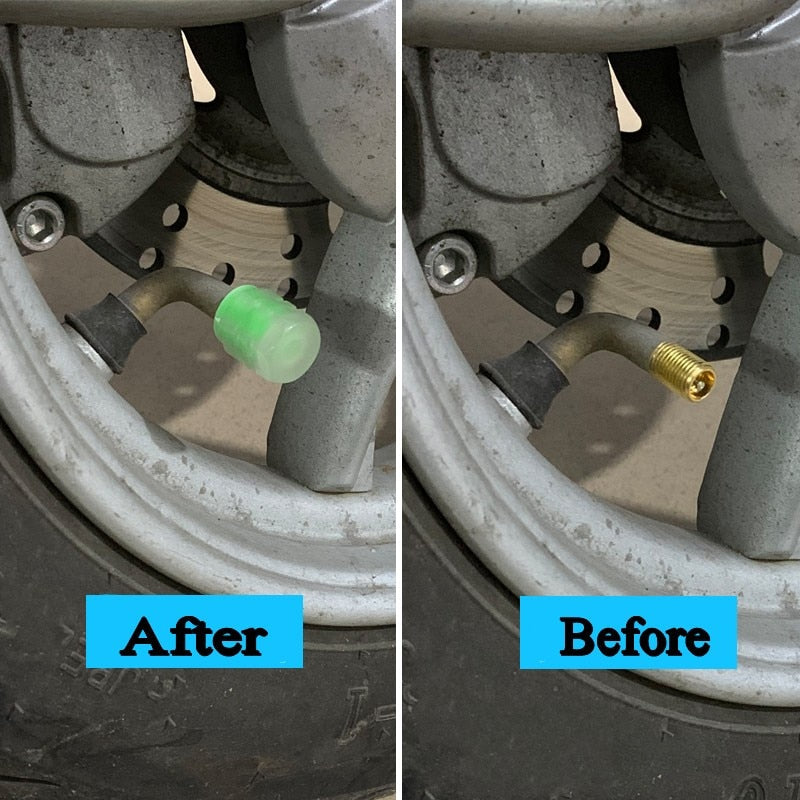 Glowing green valve caps on a car wheel