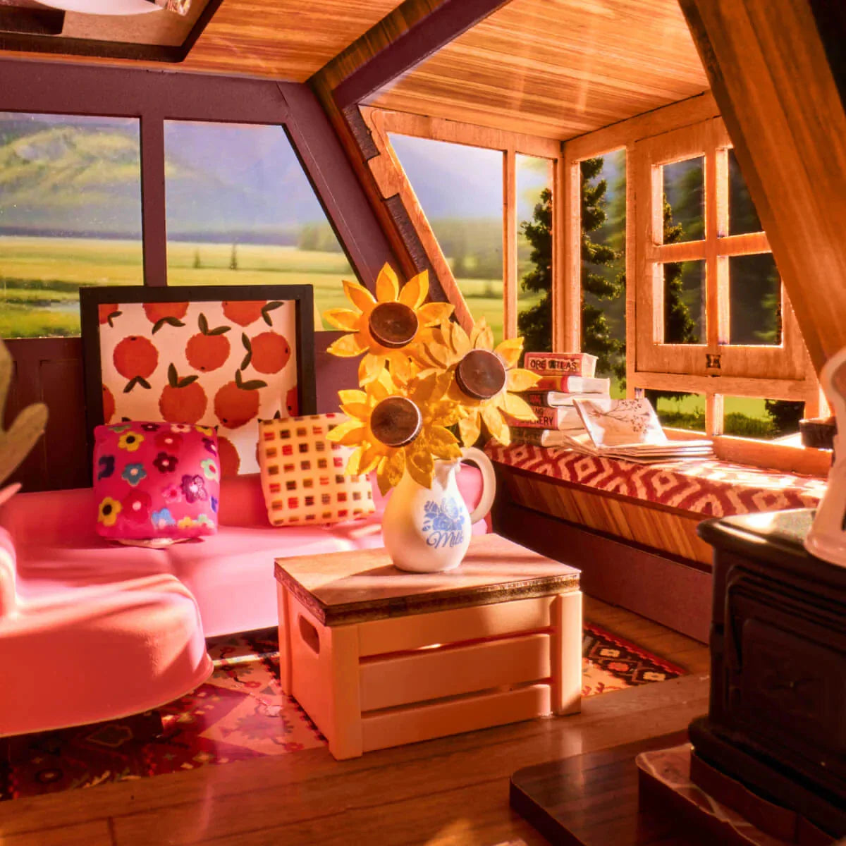 Close-up of the intricate furniture inside the DIY cabin kit