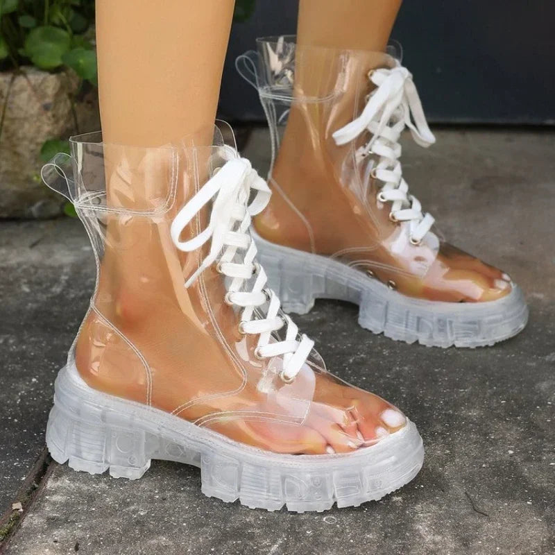 Crystal Clear Platform Rain Boots showcasing their transparent design