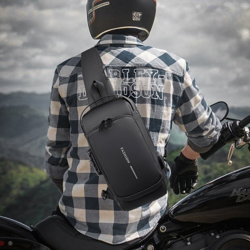 Close up on the premium materials and stitching of the anti-theft bag