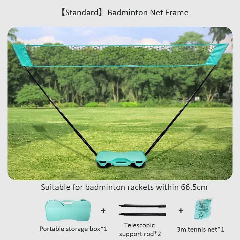 Close-up of the stable base and telescopic rods of the badminton set