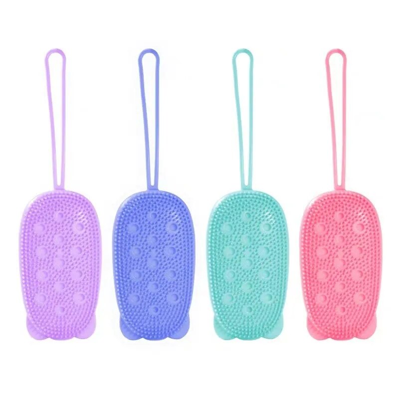 A person using the long-handled body brush to easily reach their back