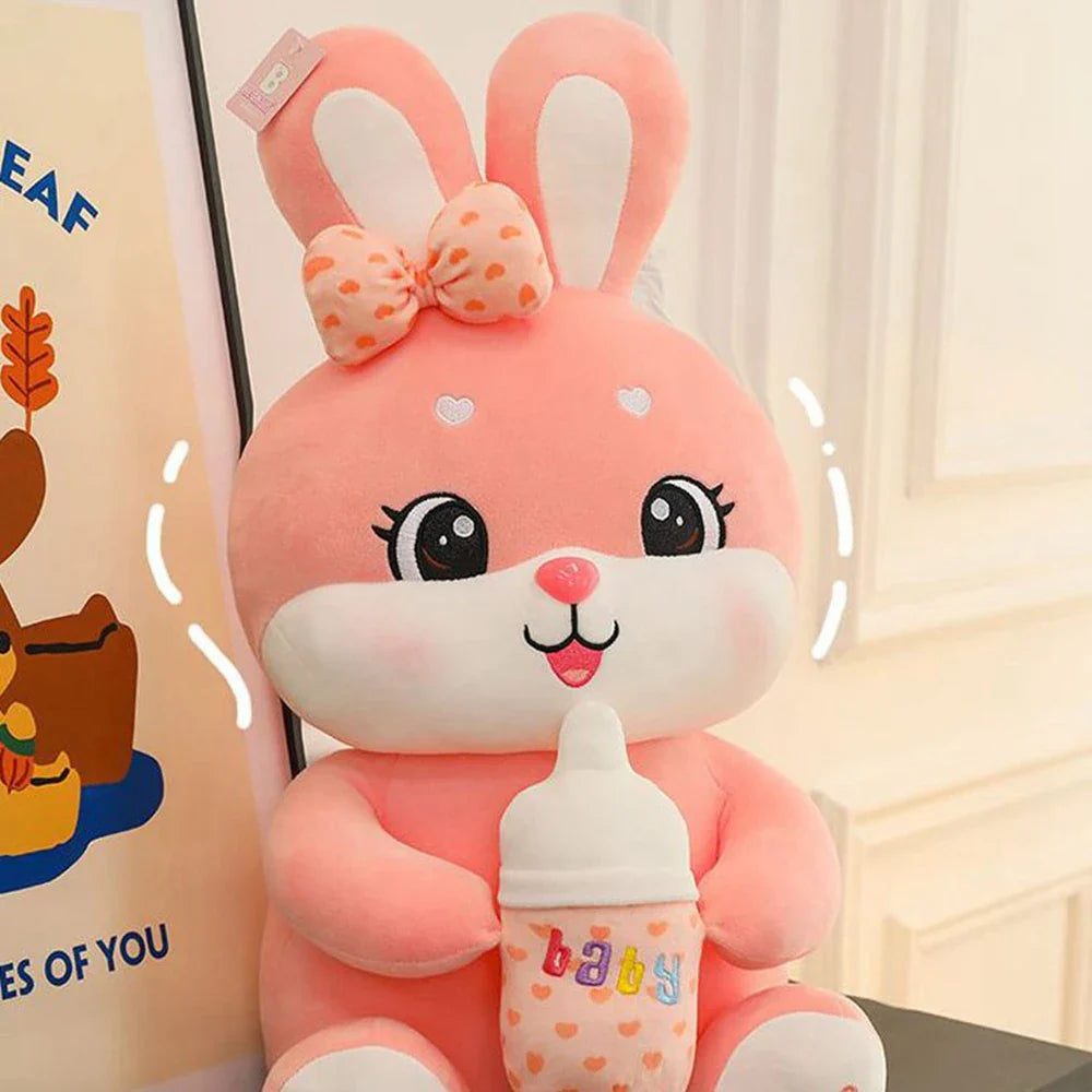 Close-up detail of the soft cotton fabric on the rabbit plush toy
