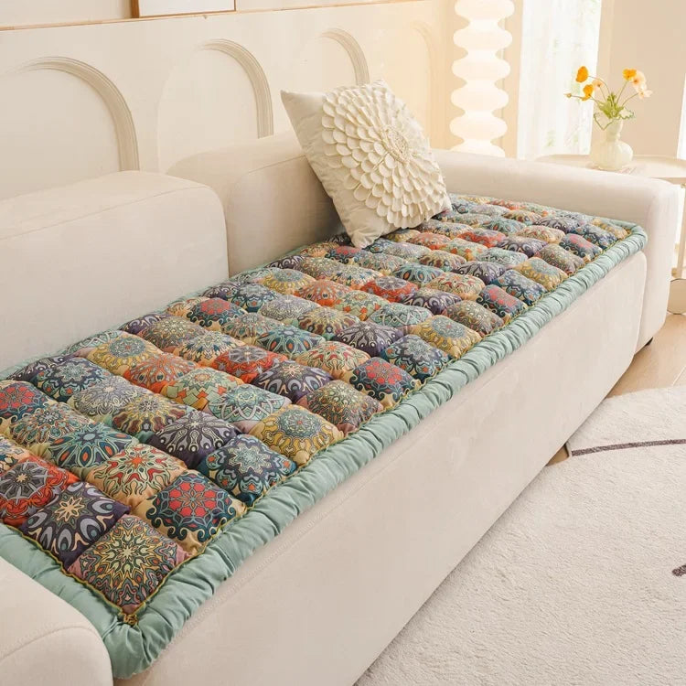 Boho cotton couch pad used as a decorative backrest