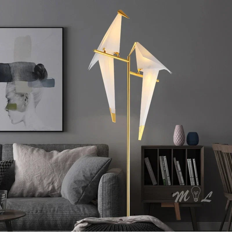 Full view of the origami bird floor lamp showing its height and design