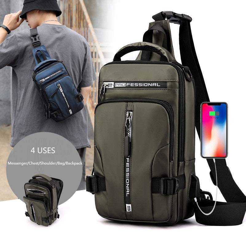 Man demonstrating the versatile ways to wear the USB charging bag