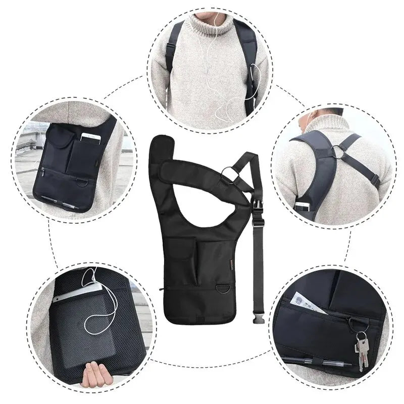 Man demonstrating the easy access of the underarm shoulder bag