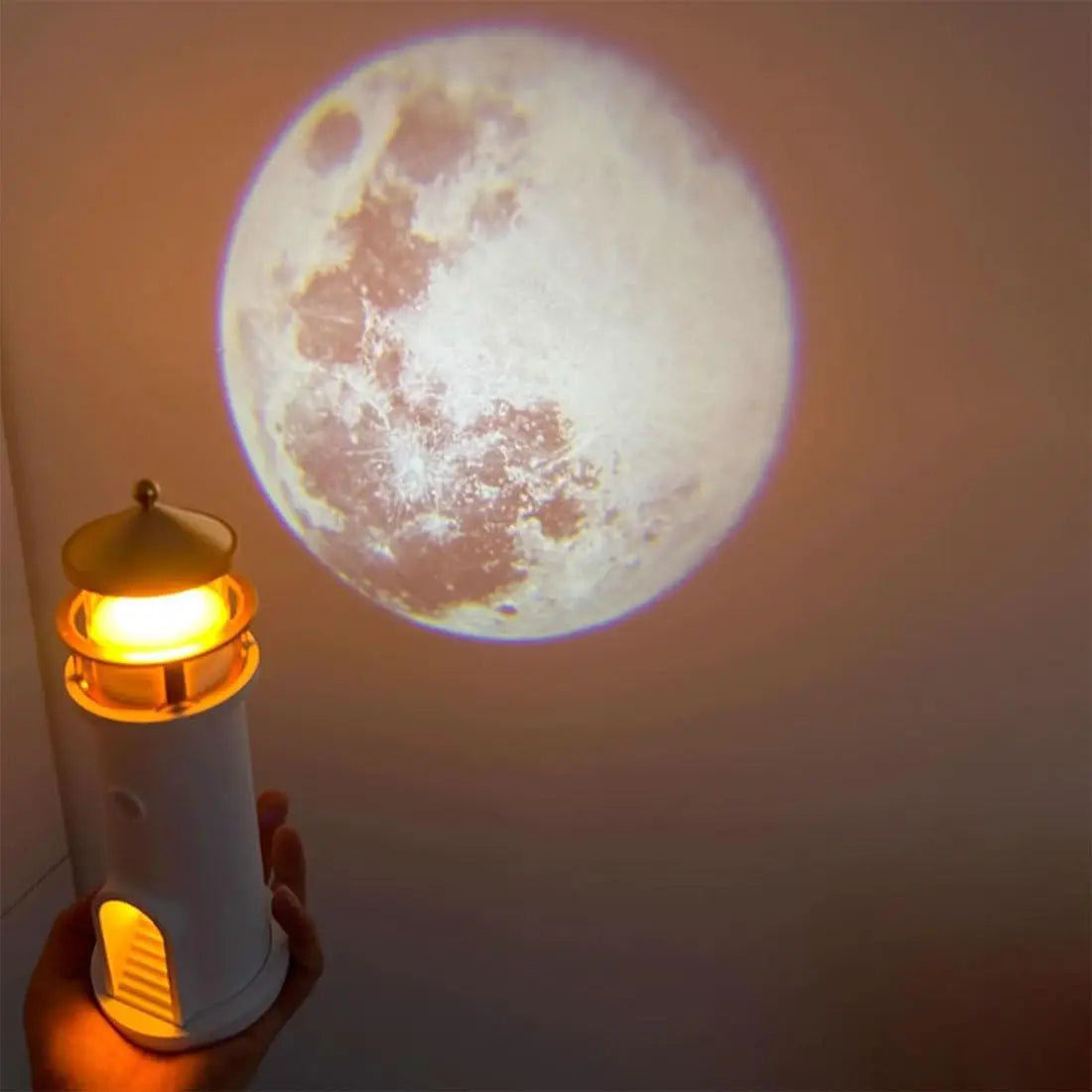 A close-up of the Moon Harbor Lighthouse Night Lamp showcasing its soft LED glow