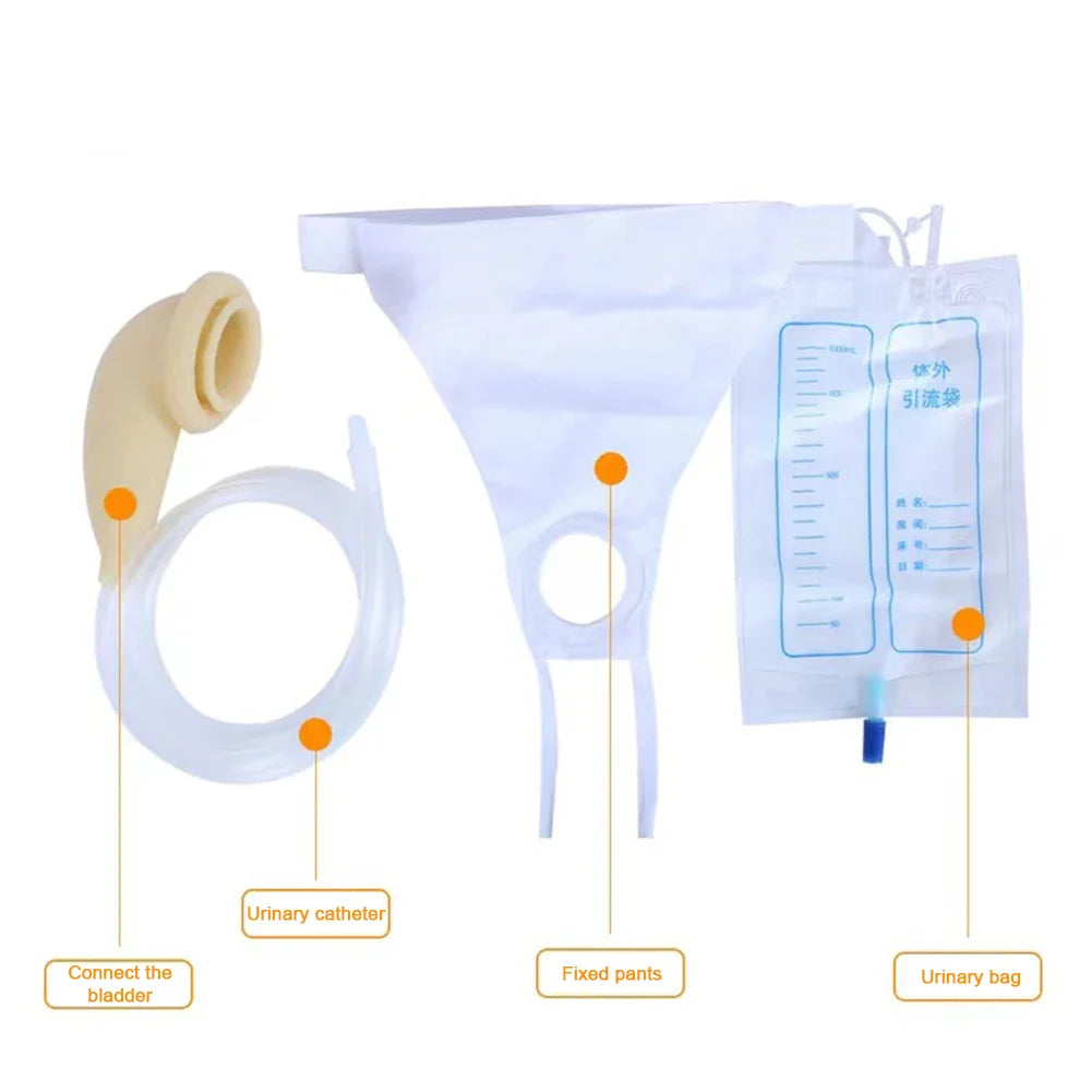 Full view of the wearable urinal underwear system and its components