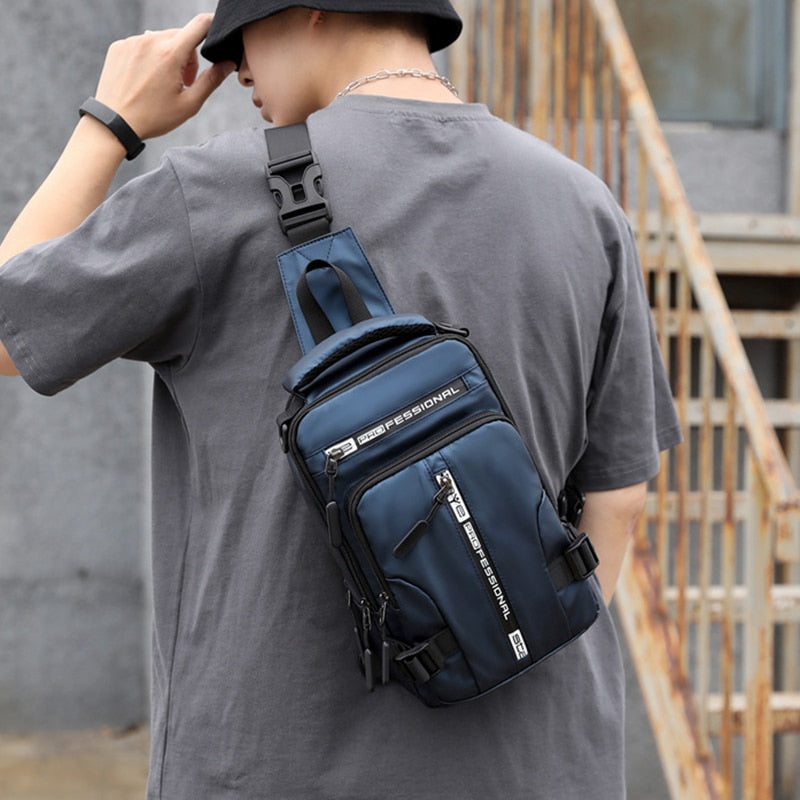 Diagram showing the five different zippered pockets on the crossbody bag
