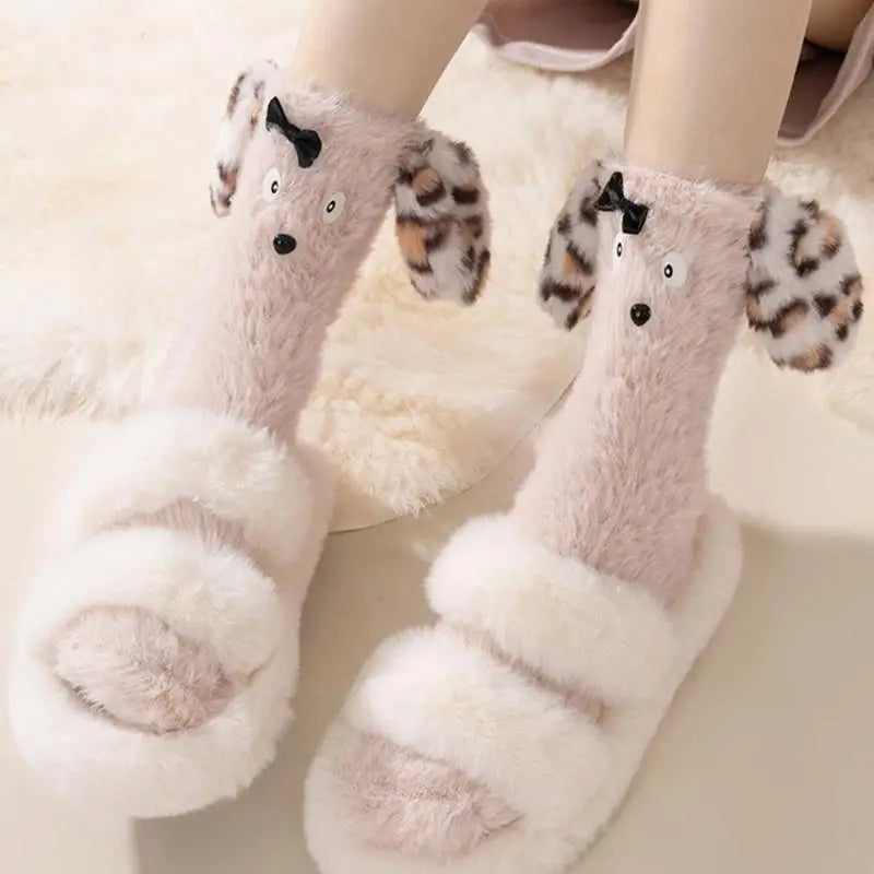 A person wearing the Soft Puppy Ears Fuzzy Warm Socks while relaxing at home