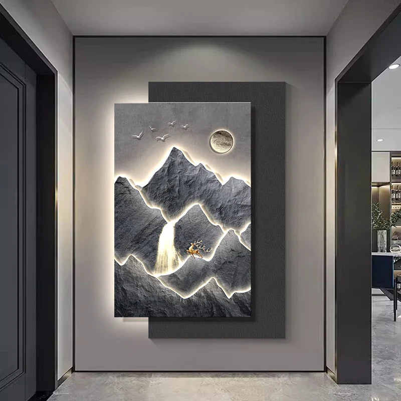 The Mountain Landscape Modern Wall Art illuminating a dark hallway