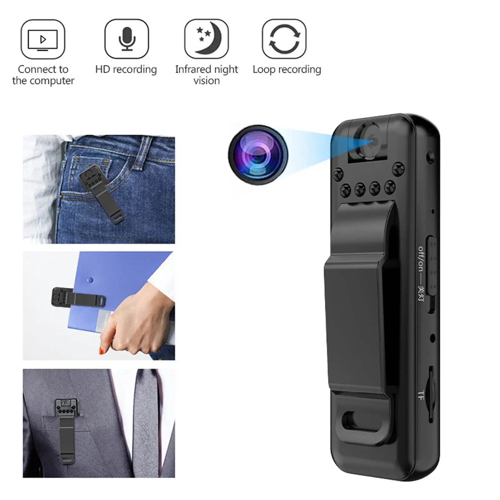 A person clipping the Pocket Spy Mini Video Recorder onto their shirt pocket.