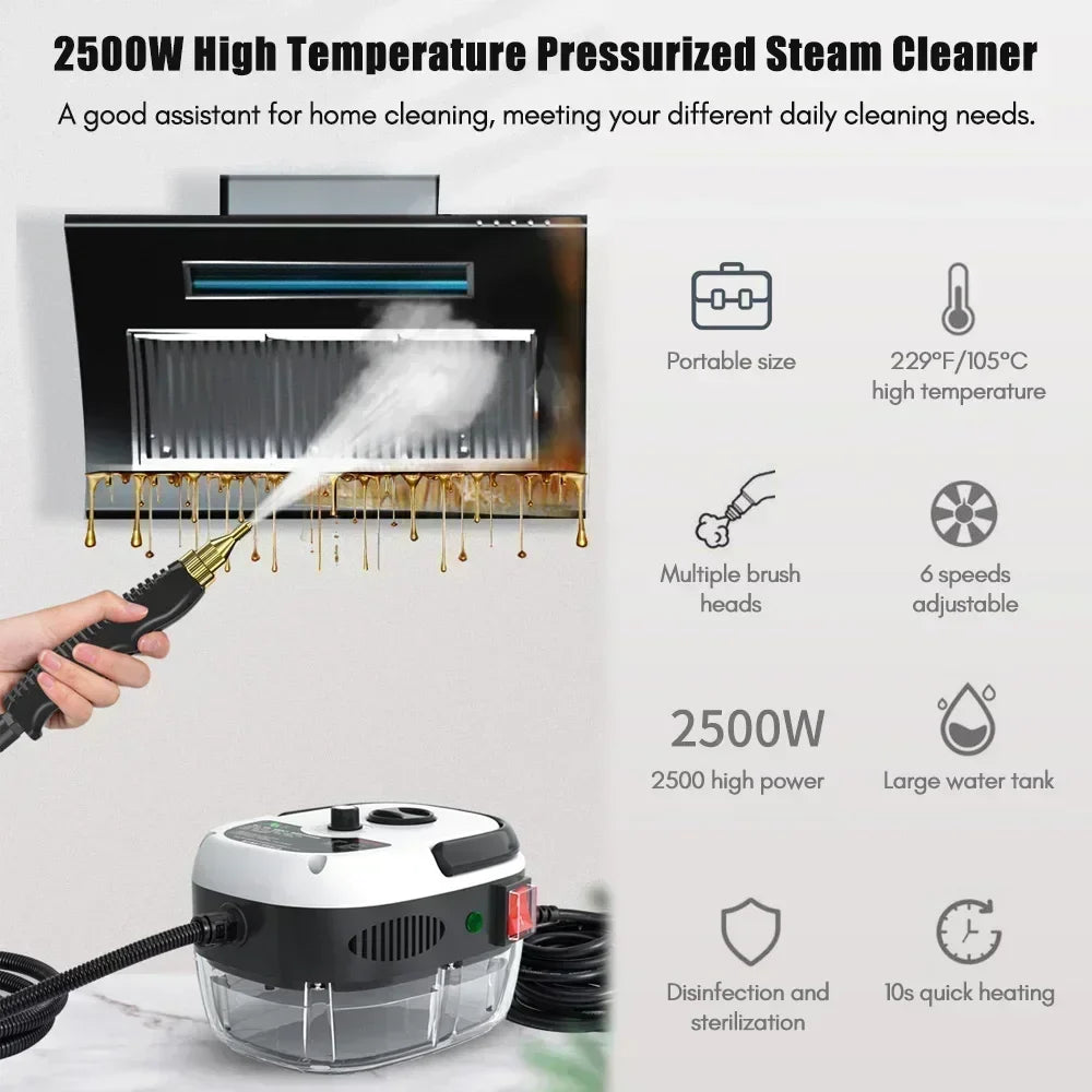 Close-up of the portable steam cleaner showing its compact design