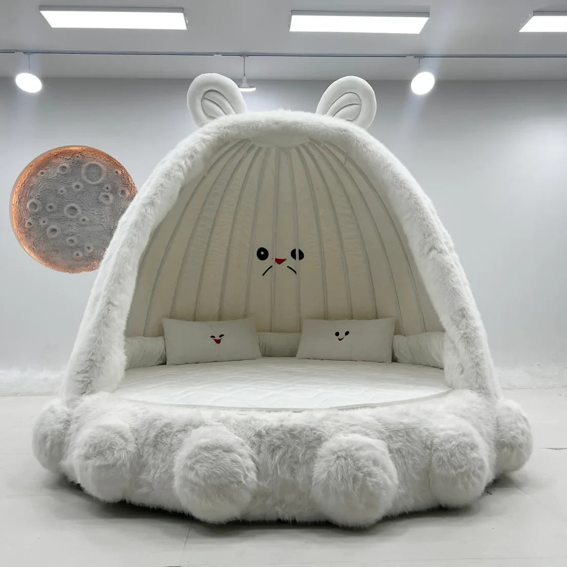 Close up of the plush velvet fabric on the whimsical rabbit bed