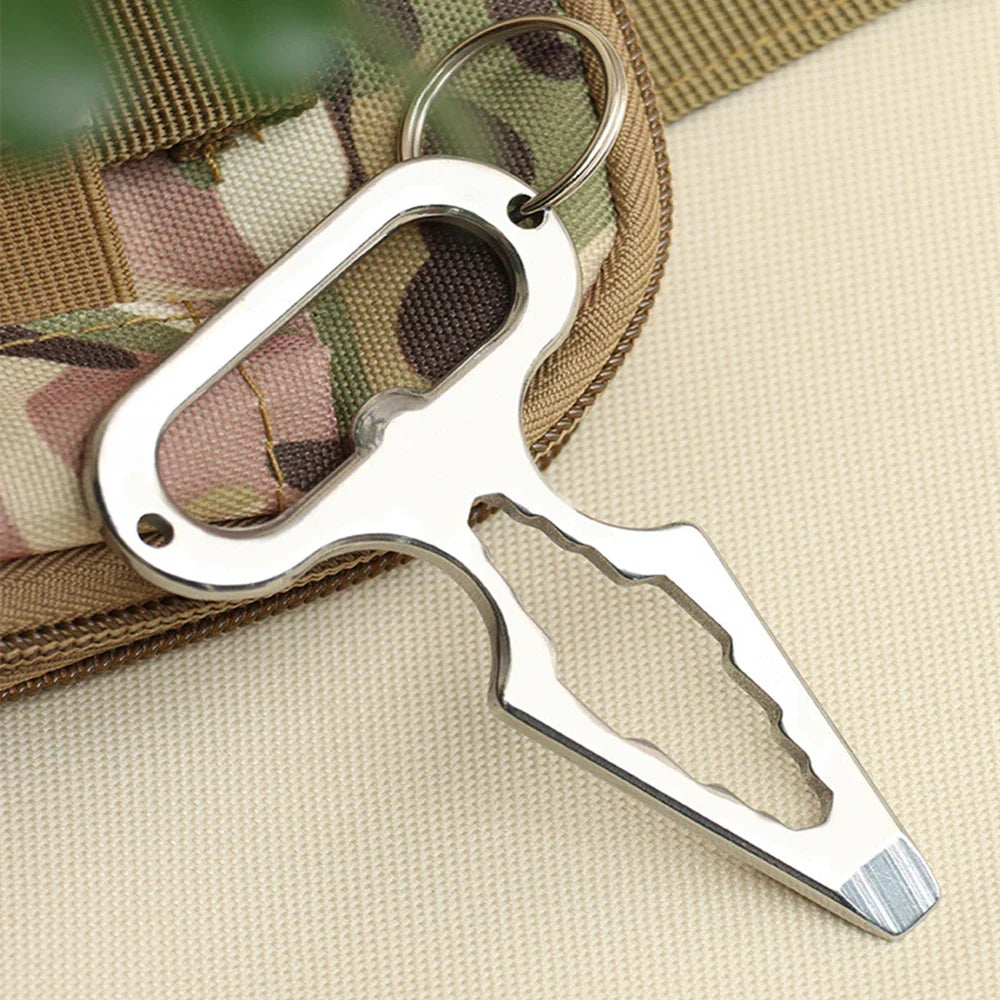 The Stainless Steel Survival Multi-Tool attached to a keychain for everyday carry