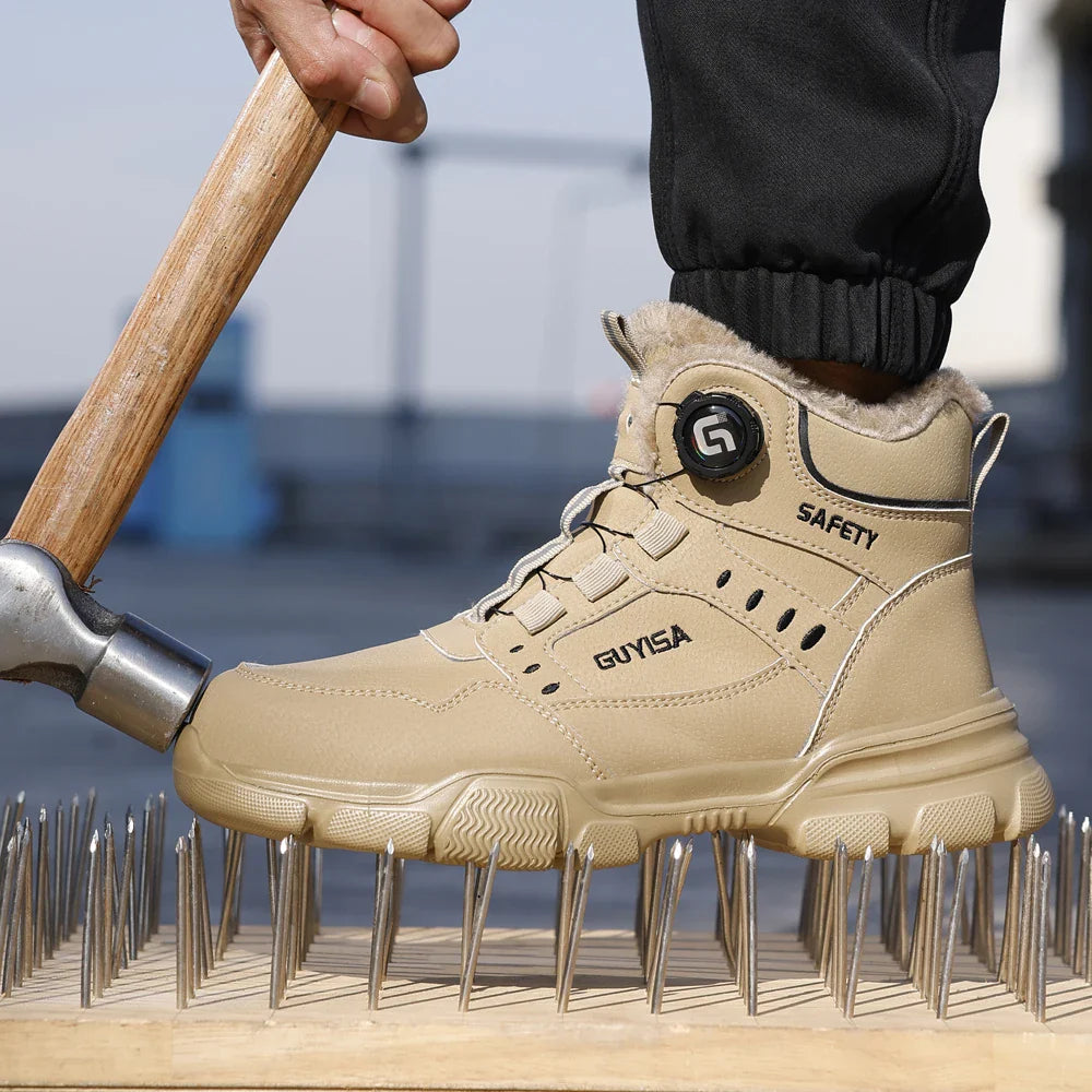 Side profile of the high-top work boots showing ankle support