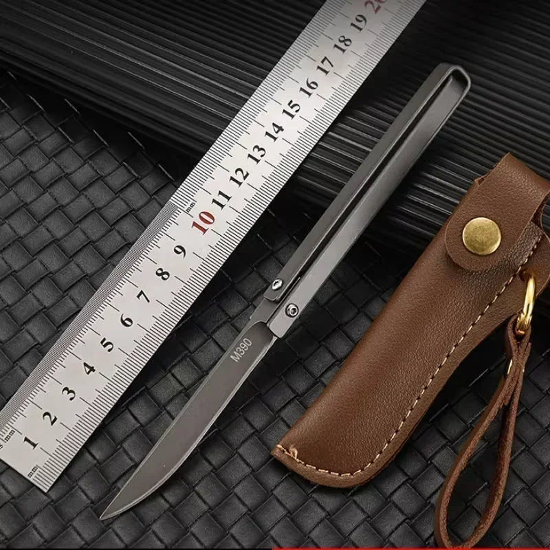 Close-up of the ultra-sharp stainless steel blade of the folding knife