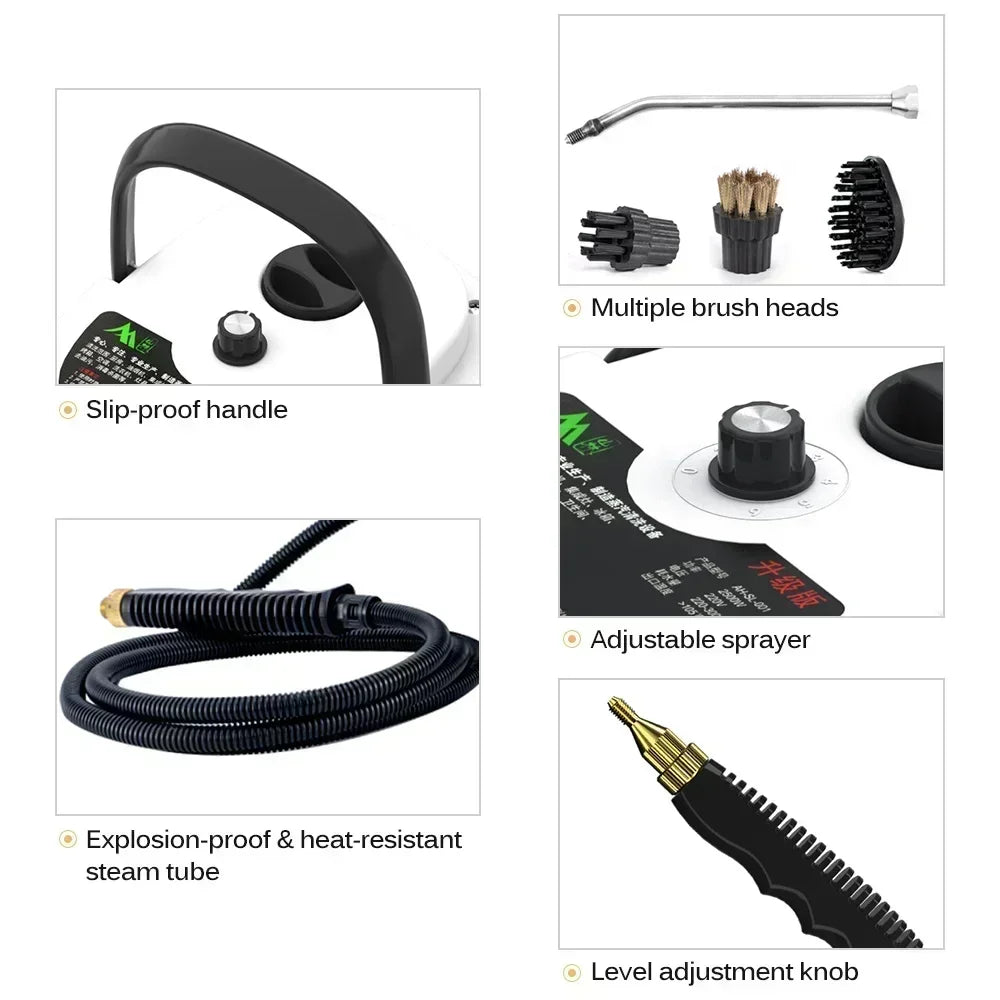 Portable steam jet cleaner with its various attachments for different surfaces