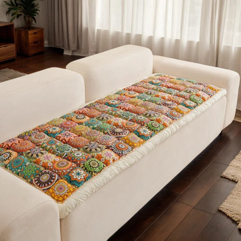 Bohemian Style Cushion Cotton Couch Pad adding color to a neutral sofa