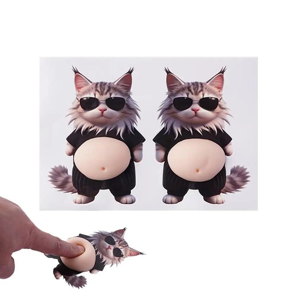 A humorous cat sticker used as a decoration on a refrigerator door