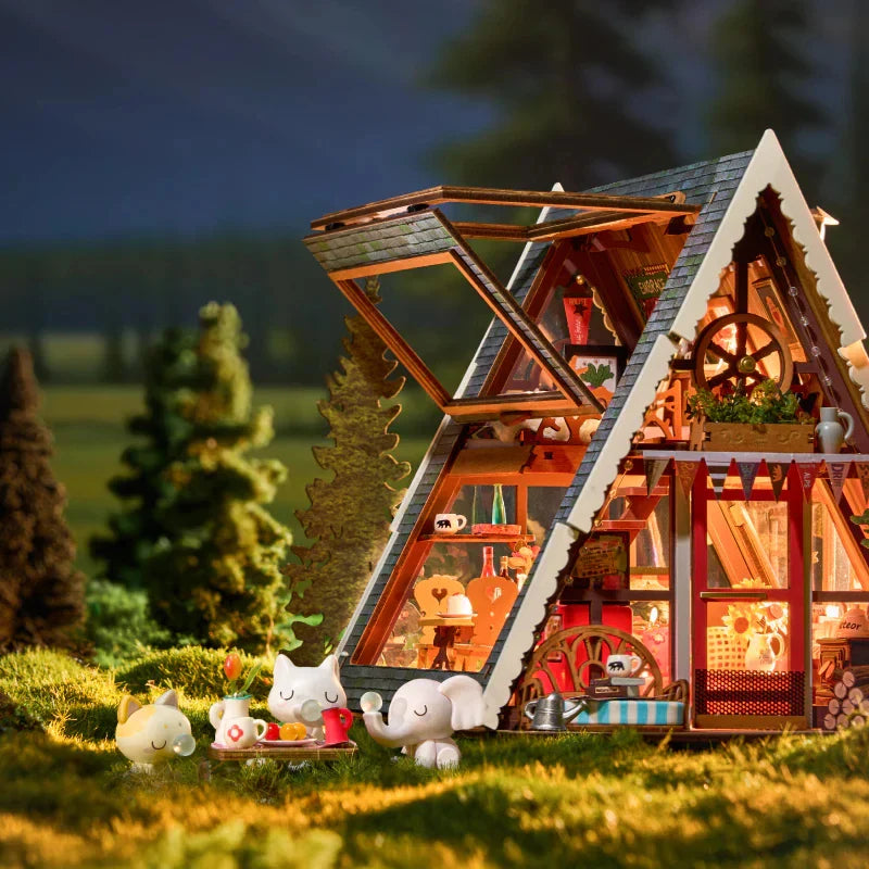 Finished Woodland Dream cabin lit up as a home decor item