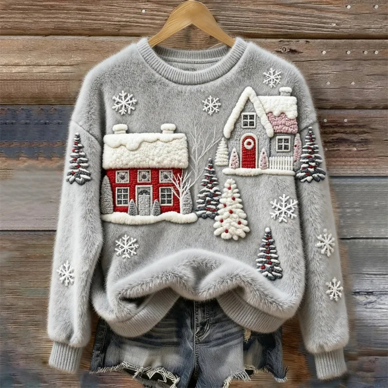 Model wearing the Christmas Village Plush Sweater showcasing its comfortable fit