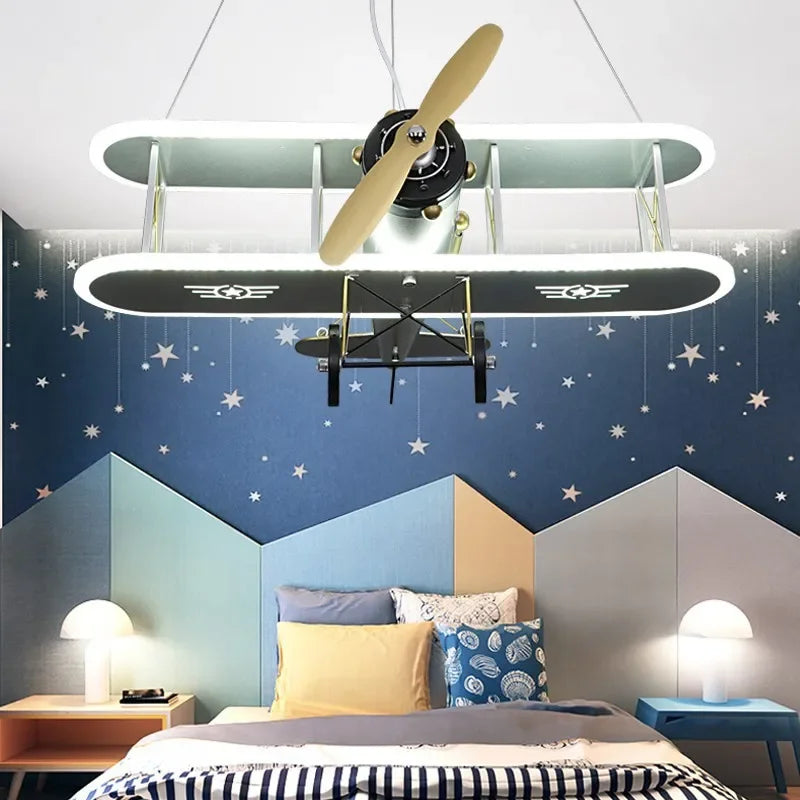 Detailed close-up of the vintage plane lamp's propeller and crystal shade