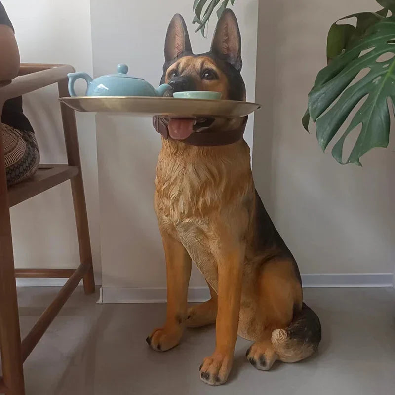 Detailed view of the resin craftsmanship on the decorative German Shepherd table.