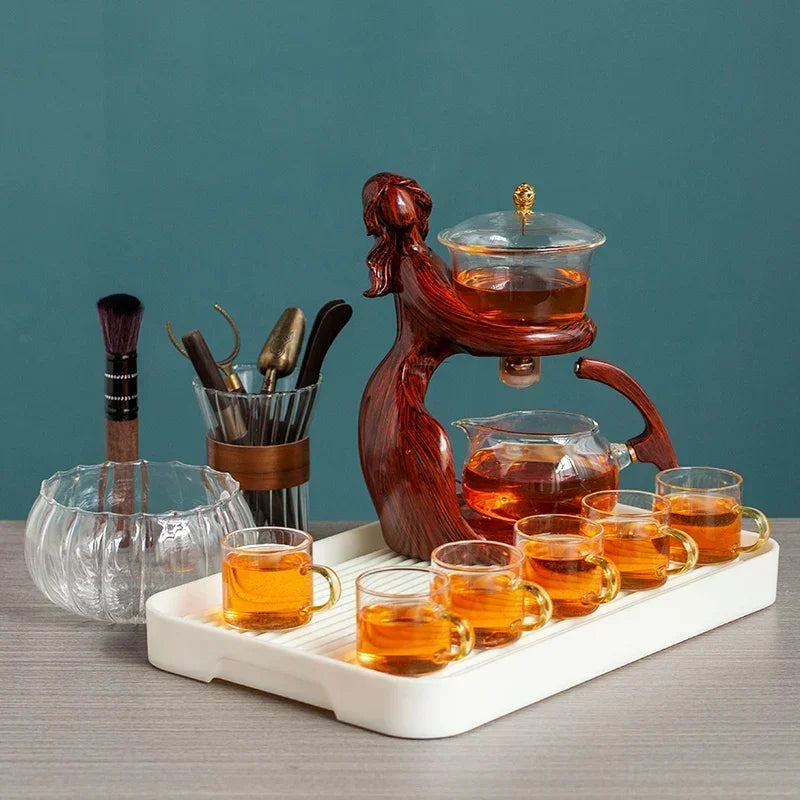 Close-up of the teapot's wooden-style resin base