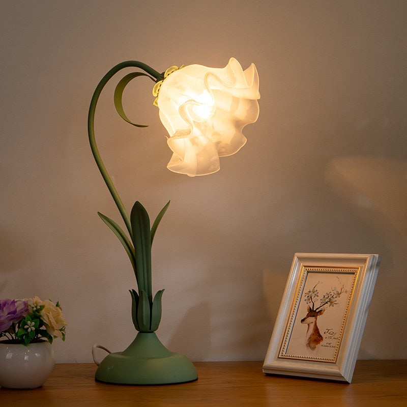 Green Flower Charm Nordic Style Table Lamp on a wooden surface
