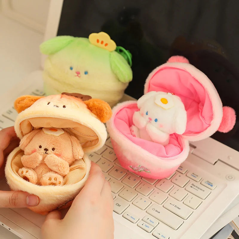 Close-up of the kawaii plush keychain showing the zipper and soft texture.