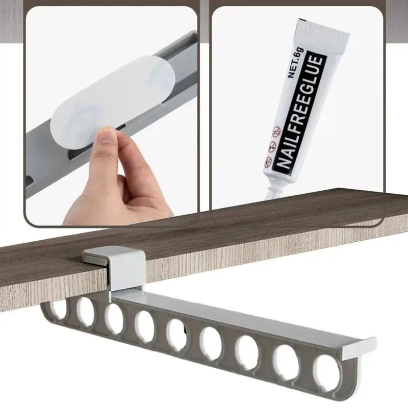 Close-up of the no-drill adhesive mount for the closet rack system