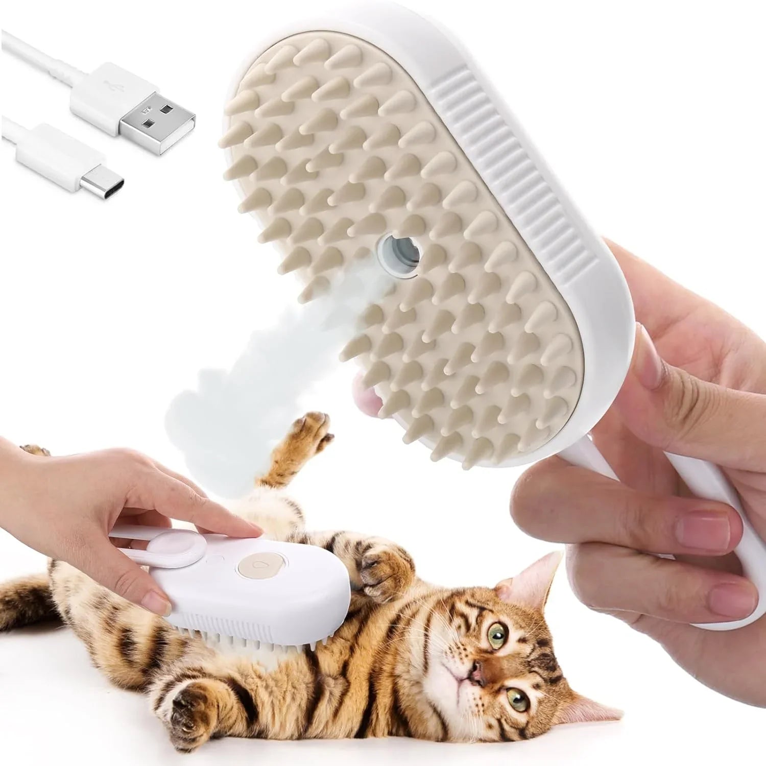 Cat enjoying a grooming session with the electric steam brush