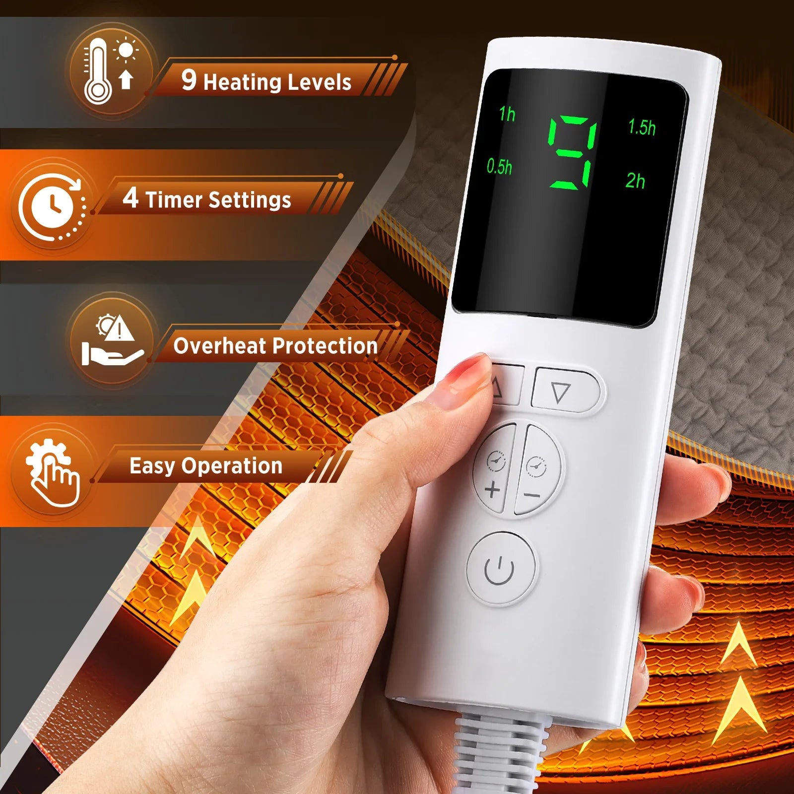 Close-up of the digital controller showing temperature and timer settings for the heat therapy belt