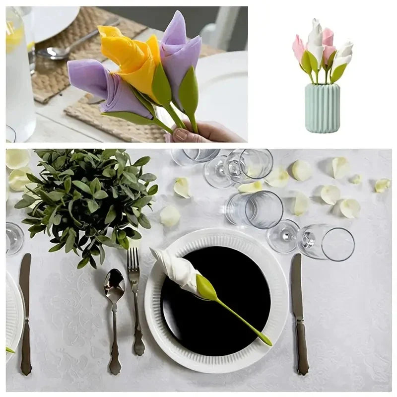 Step-by-step instructions showing how to use the napkin holder to create a flower