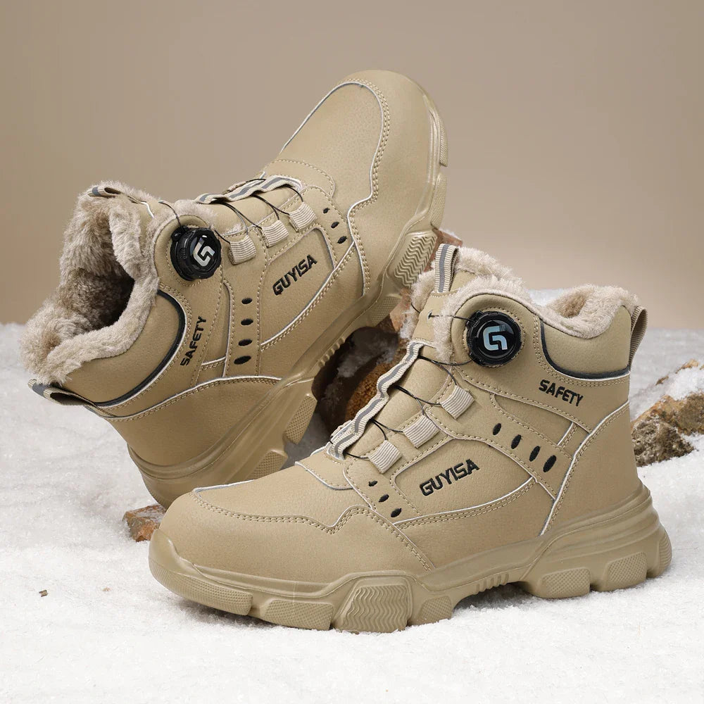 Durable Steel Toe Fire Resistant Work Boots on a rustic background