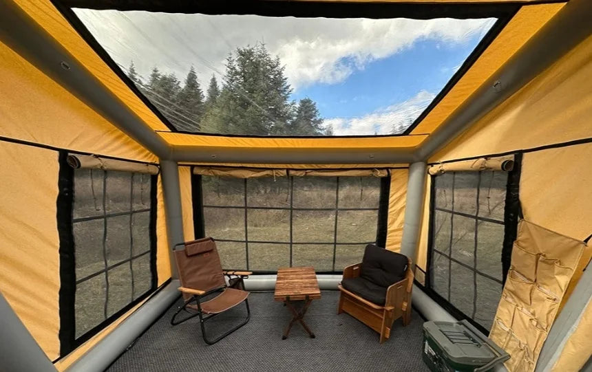 Spacious interior of the Wild Escape inflatable family camping tent