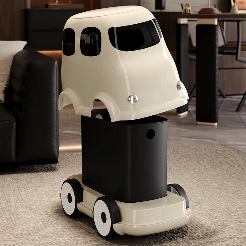 Close-up of the cartoon car trash bin's friendly and cute design