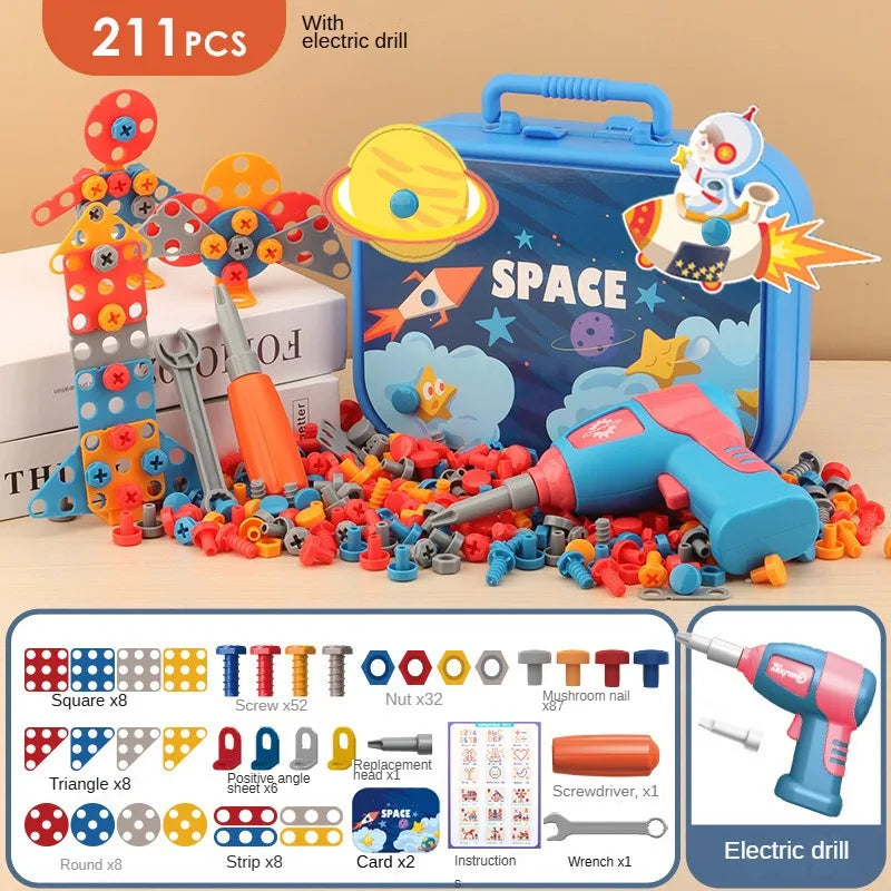 A child building a colorful mosaic design with the Little Mechanic toy set