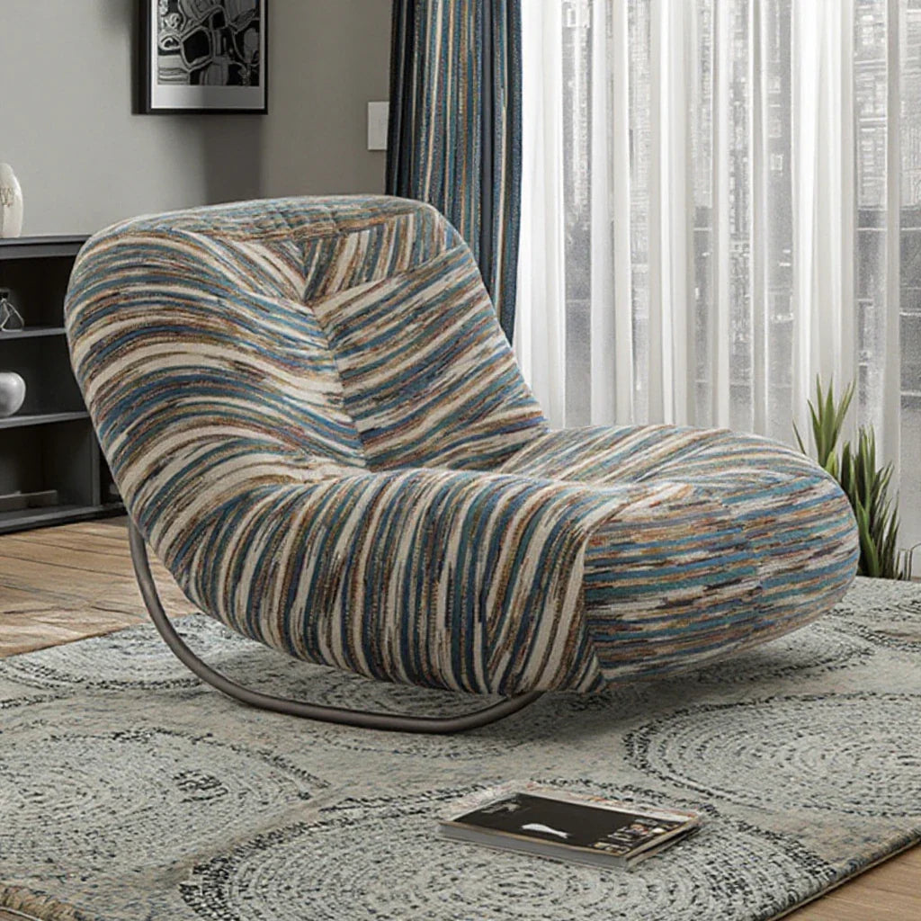 Detailed view of the fabric and curve of the modern rocking chair