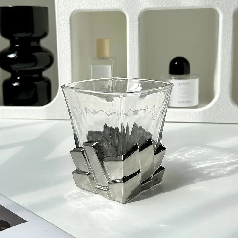 The eco-friendly Geometric Onyx Base Glass Cup in a modern kitchen setting