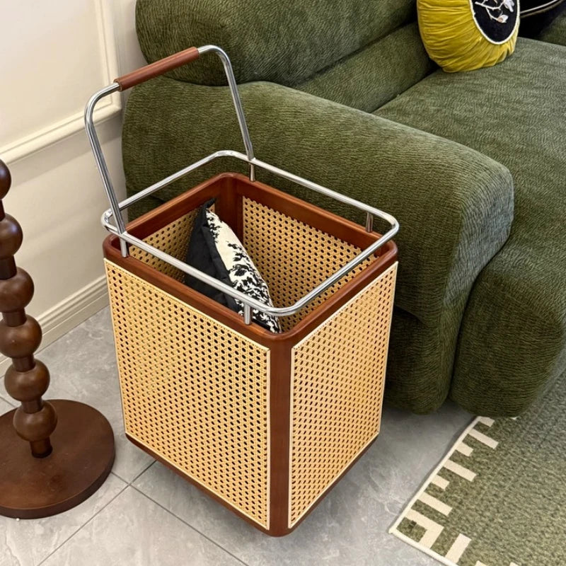 Lifestyle shot of the Nordic Rattan Basket holding towels in a bathroom setting